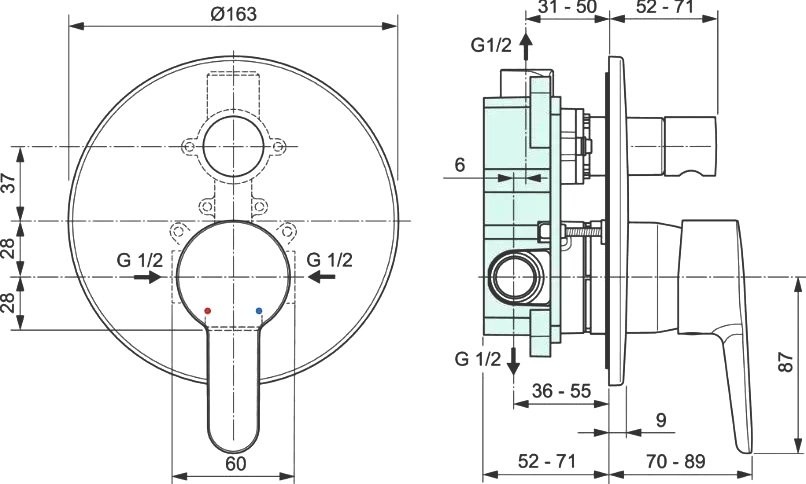 Встраиваемый смеситель для душа и ванны Ideal Standard Sesia A6945AA С ВНУТРЕННЕЙ ЧАСТЬЮ