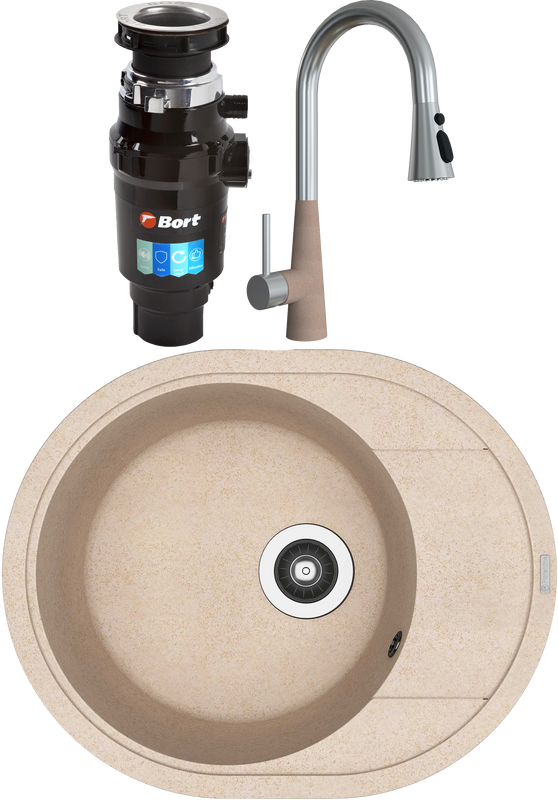 Комплект Мойка Florentina Родос 580 песочный + Смеситель Вита Pro FL песочный + Измельчитель Bort Master Eco