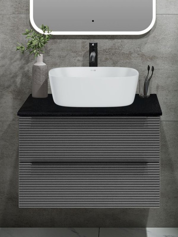 Тумба под раковину со столешницей Runo Орлеан 60 подвесная, серая, черная