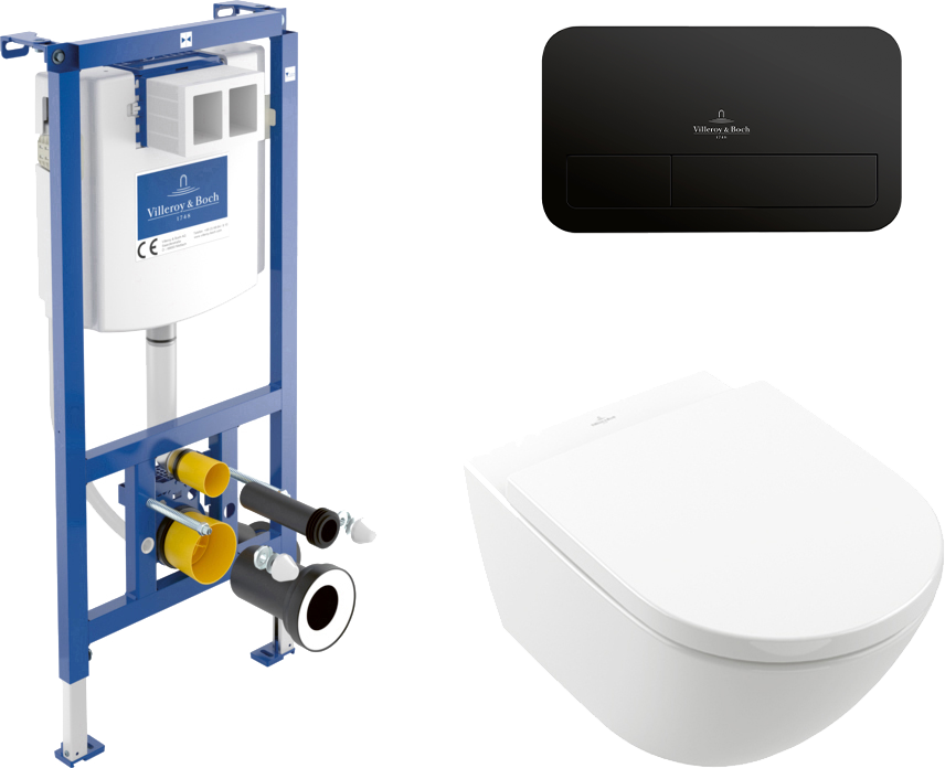 Комплект Унитаз подвесной Villeroy & Boch Subway 3.0 4670TS01 alpin, сиденье с микролифтом + Инсталляция + Кнопка Viconnect 922490AN black matt