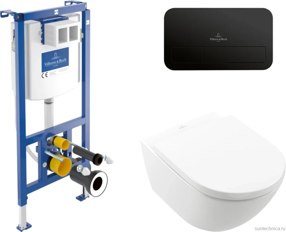 Комплект Унитаз подвесной Villeroy & Boch Subway 3.0 4670TS01 alpin, сиденье с микролифтом + Инсталляция + Кнопка Viconnect 922490AN black matt
