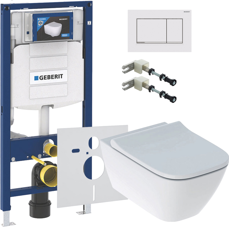 Комплект Унитаз подвесной Geberit Smyle Square 500.683.01.1 с крышкой-сиденьем с микролифтом + Крепления Duofix 111.815.00.1 к стене + Звукоизоляция + Инсталляция UP 320 111.300.00.5 + Кнопка Sigma 30 115.883.JT.1 белая матовая, хром глянцевый