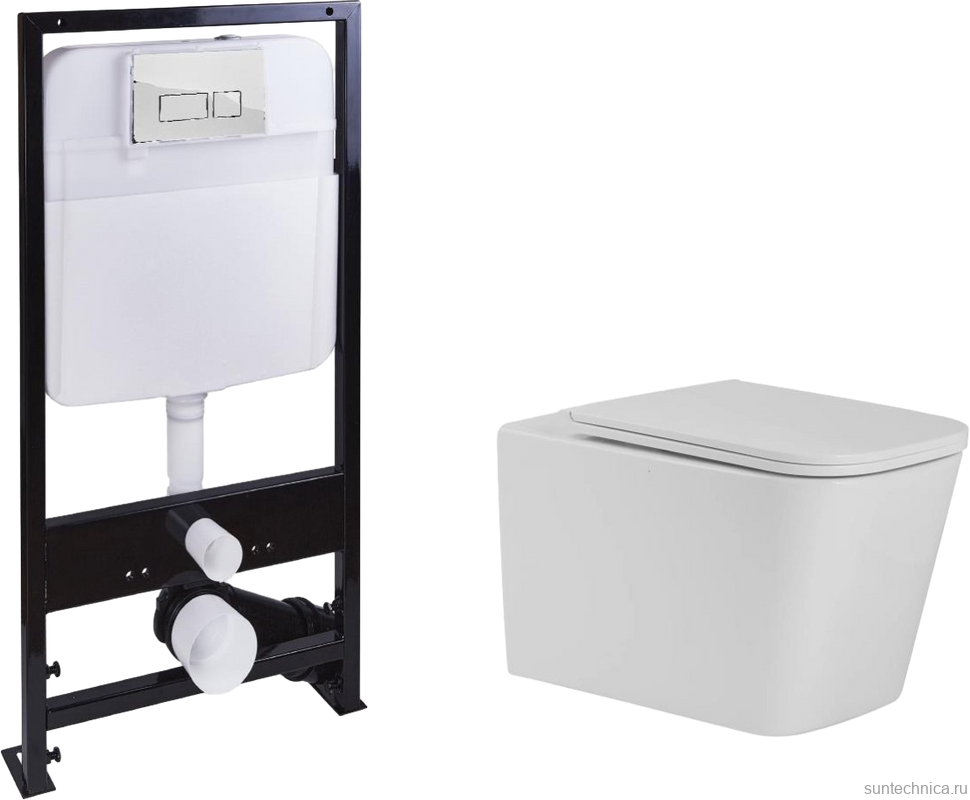 Комплект Унитаз подвесной SantiLine SL-5027 безободковый, с микролифтом, система смыва Tornado + Инсталляция SantiLine SL-01 с кнопкой смыва хром