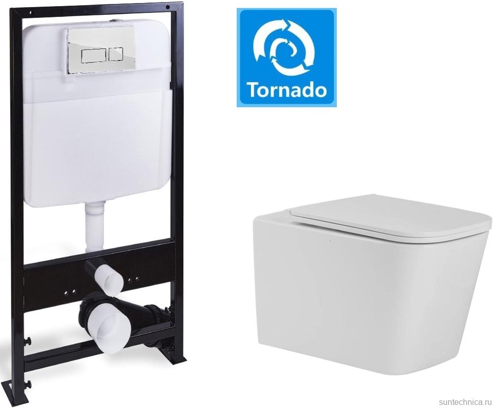 Комплект Унитаз подвесной SantiLine SL-5027 безободковый, с микролифтом, система смыва Tornado + Инсталляция SantiLine SL-01 с кнопкой смыва хром