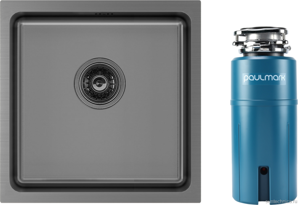 Комплект Мойка Paulmark Vista PM304444-GM вороненая сталь + Измельчитель Intenso