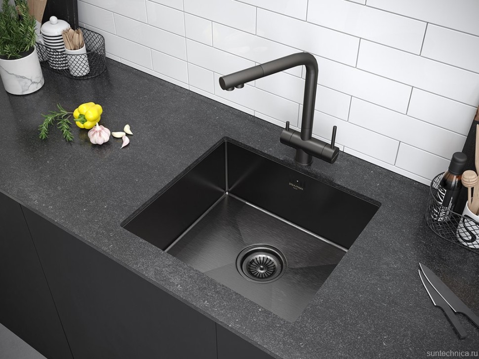 Комплект Мойка Paulmark Vista PM304444-GM вороненая сталь + Измельчитель Intenso