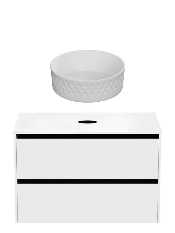 Тумба с раковиной Allen Brau Activity 90 с подсветкой, матовый белый, черный браш, столешница белая, раковина Fantasy Romb 36 белая