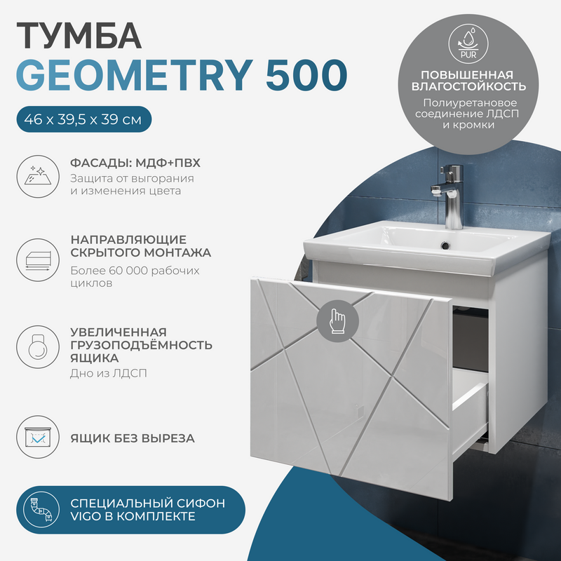 Мебель для ванной комнаты Vigo Geometry 50 подвесная, белая, раковина Como 50