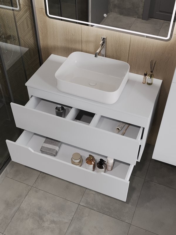 Тумба с раковиной Orange Line 100 подвесная, 2 ящика, матовая белая с раковиной B05-500W