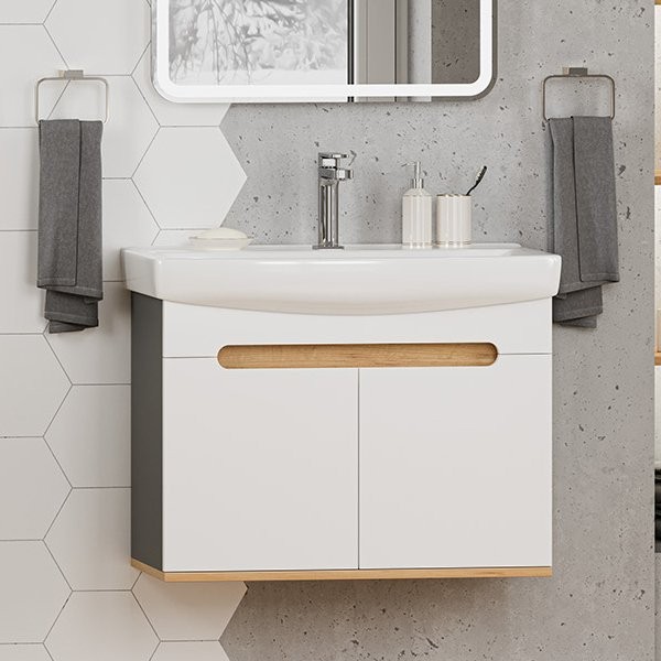 Тумба с раковиной Misty Сканди 70 подвесная, белая, дуб крафт золотой, антрацит