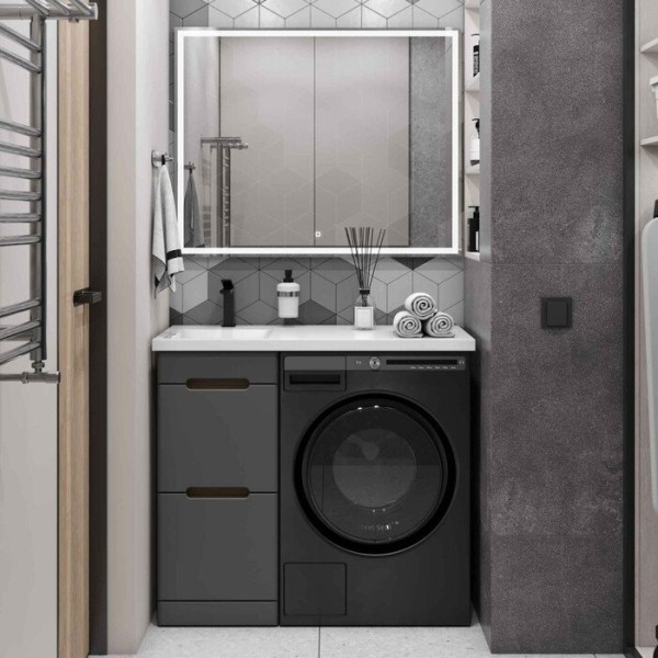 Мебель для ванной комнаты SanStar Darko 100 L под стиральную машину дуб вотан, графит софт, раковина Даллас