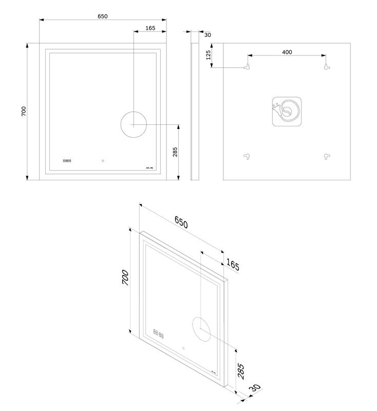 Зеркало AM.PM Gem 65 с LED-подсветкой, часами и косметическим зеркалом