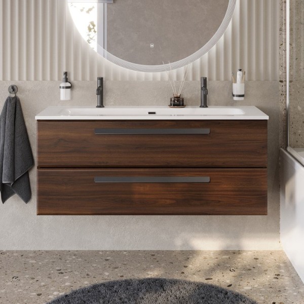 Тумба с раковиной Cezares Eco Cer-N 120 орех шоколад софт, раковина Eco 120-1-2, ручки матовые черные