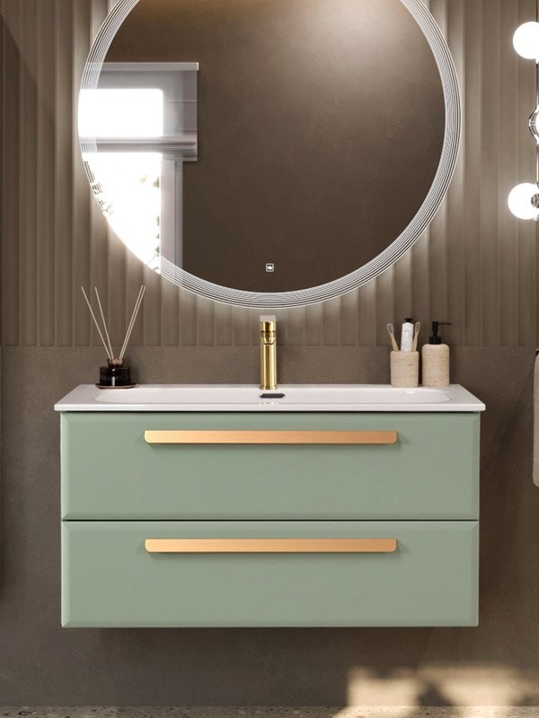 Тумба с раковиной Cezares Eco-Cer-N 100 светло-зеленая матовая, раковина CZR-8073-100, ручки сатиновое золото