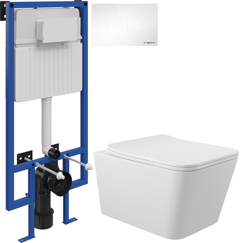 Комплект Унитаз подвесной Aqueduto Macio MAC0120 безободковый, с микролифтом, белый матовый + Инсталляция STWORKI + Кнопка Хельсинки 500470 белая