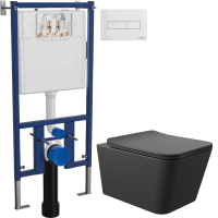 Комплект Унитаз подвесной Aqueduto Macio MAC0140 безободковый, с микролифтом, черный матовый + Инсталляция DIWO + Кнопка 7320 белая