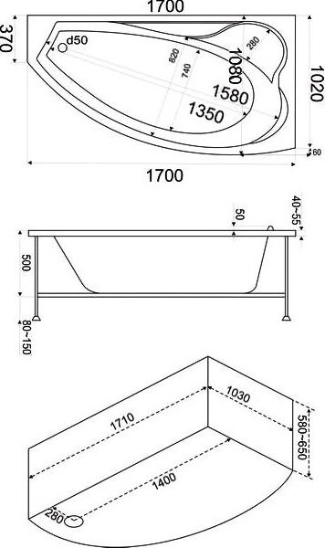 Акриловая ванна Bas Николь R 170x110 см, угловая, правая, пристенная, белая, асимметричная, с каркасом, с сиденьем