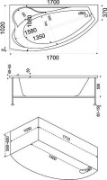 Акриловая ванна Bas Николь L 170x110 см, угловая, левая, пристенная, с гидромассажем, белая, асимметричная, с каркасом, с сиденьем