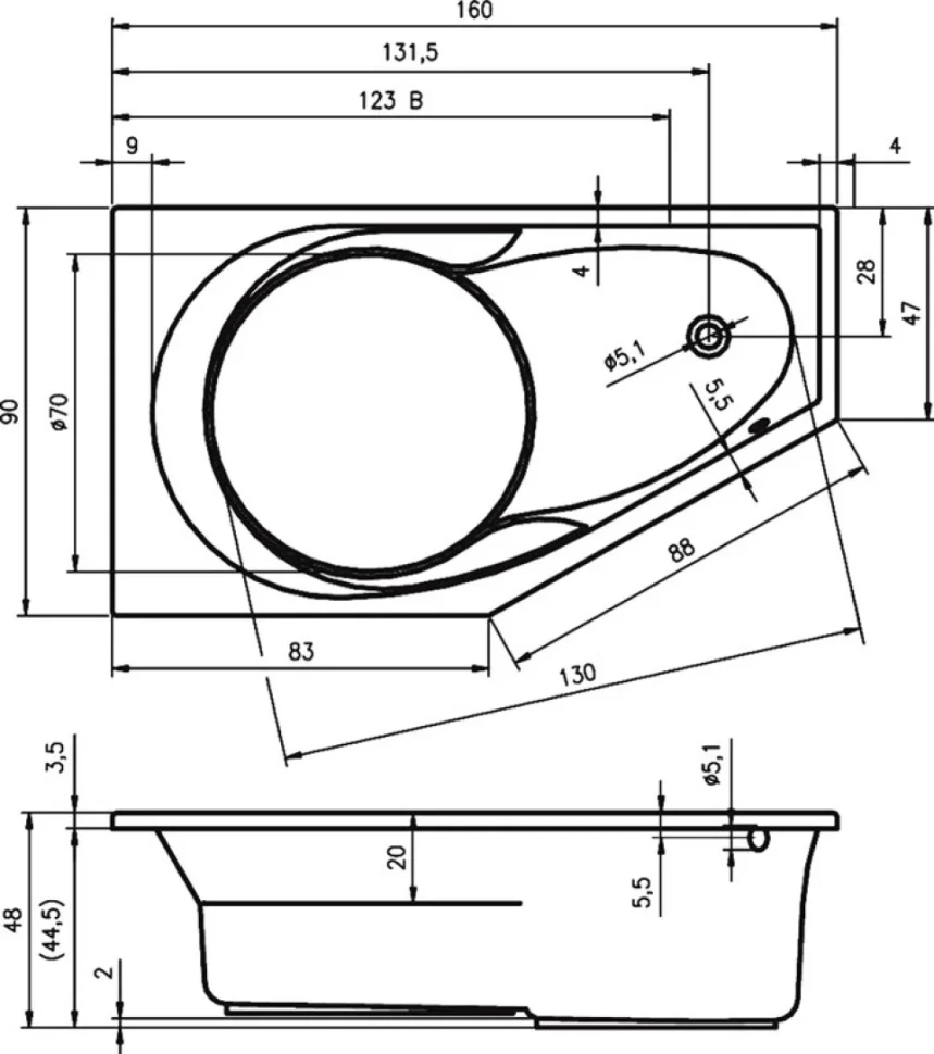 Акриловая ванна Riho Yukon R 160x90 см, угловая, правая, пристенная, белая, пятиугольная, с каркасом