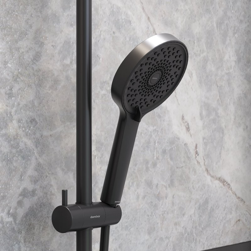 Душевой комплект Смеситель Damixa Apollo 471000300 матовый черный + Стойка 947000300 черная матовая