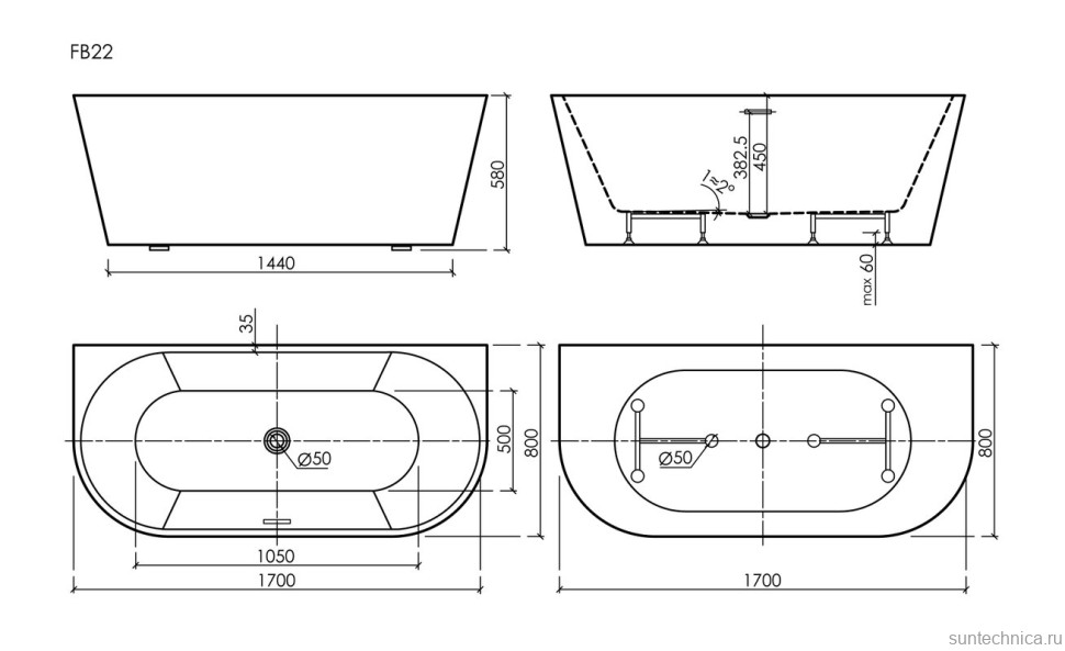 Акриловая ванна Labo 1700x800x580, пристенная, FB22