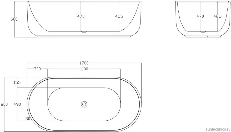 Акриловая ванна BelBagno BB401-1700-800 без опоры 170x80 см, отдельностоящая, белая, овальная, со сливом-переливом