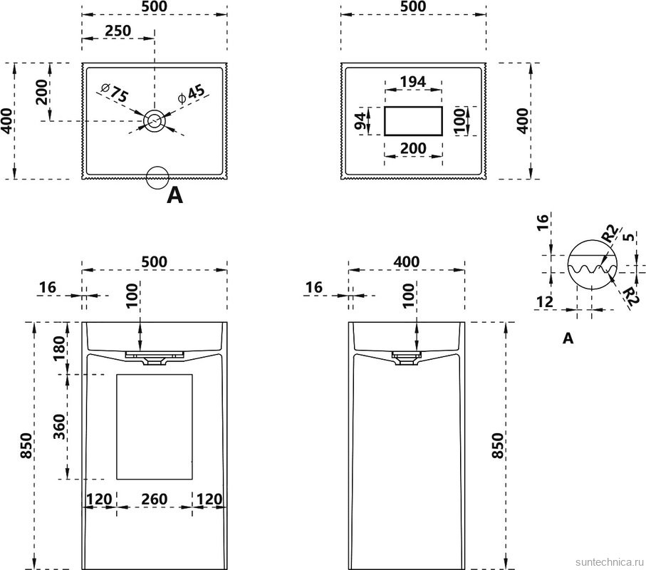 Раковина напольная Abber Stein AS2503-H 50 матовая белая, прямоугольная, моноблок, искусственный камень