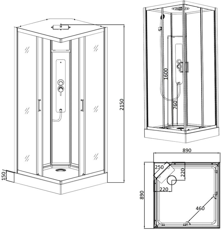 Душевая кабина Parly Ami Quadro 90x90, профиль черный