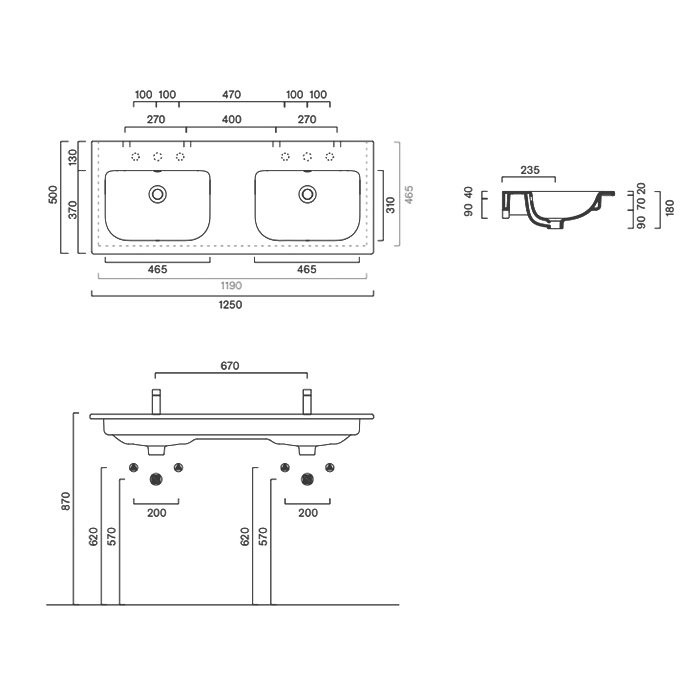 Раковина подвесная Catalano Italy 0721270001 125х50 глянцевая белая, прямоугольная, двойная