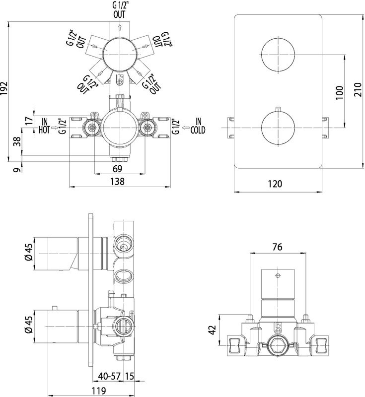 Термостатический смеситель встраиваемый Bossini Cube Z00061.073 С ВНУТРЕННЕЙ ЧАСТЬЮ, матовый черный