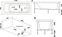 Акриловая ванна Bas Аякс 170x70 см, пристенная, белая, с каркасом
