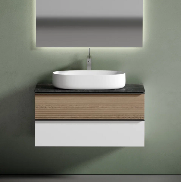 Тумба под раковину со столешницей Sancos Delta 100 дуб светлый, белый, столешница черный мрамор, с отв. под смеситель