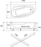 Акриловая ванна 1ACReal Мадрид R 150x95 см, угловая, правая, пристенная, белая, асимметричная, с каркасом