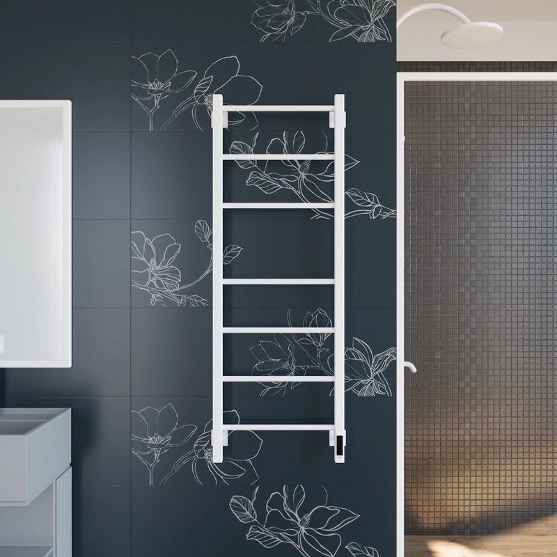 Полотенцесушитель электрический Grota Costa 430х1200 RAL9016 EL 120x45 см, подключение справа, слева, скрытое подключение справа, матовый белый, лесенка, из стали