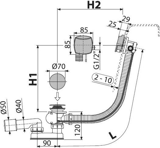 Слив-перелив для ванны AlcaPlast A564BLACK 52 мм, полуавтомат, черный, с сифоном