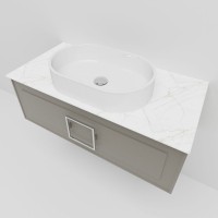 Тумба под раковину со столешницей La Fenice Cubo 80 подвесная, бежевая матовая, столешница белый мрамор, ручка белая