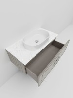 Тумба под раковину со столешницей La Fenice Cubo 80 подвесная, бежевая матовая, столешница белый мрамор, ручка белая