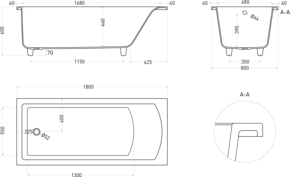 Ванна из искусственного камня Salini Cascata S-Sense 180x80 см, встраиваемая, белая, на ножках