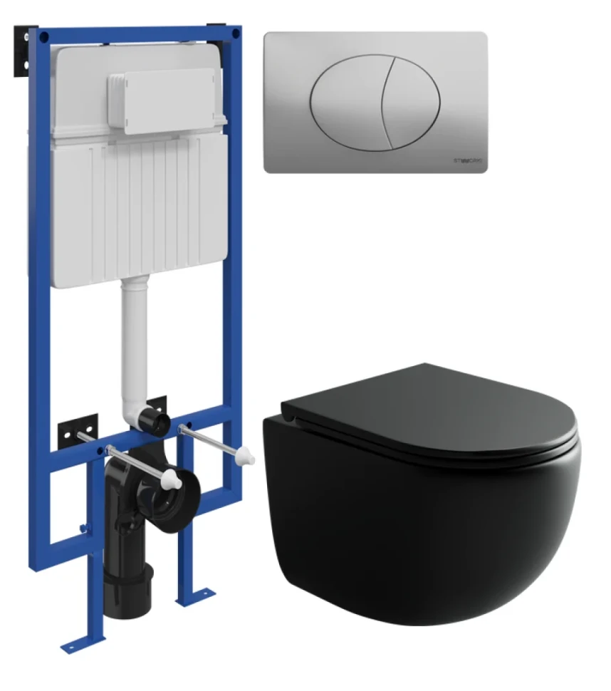 Комплект Унитаз подвесной Ceramicanova UP Rimless CN4007MB черный матовый + Инсталляция STWORKI + Кнопка 230823 хром матовый