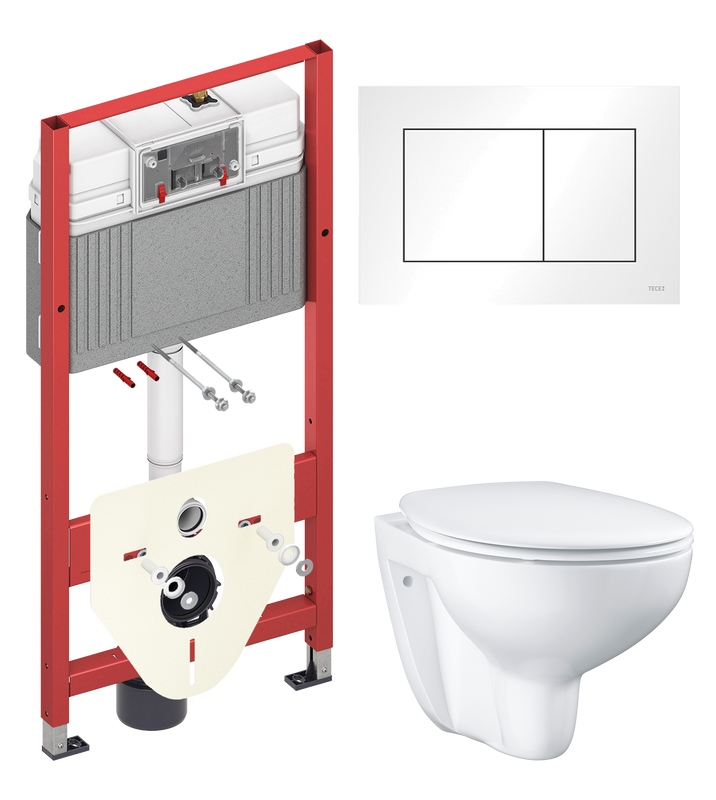 Комплект Унитаз подвесной Grohe Bau Ceramic 39351000 безободковый, альпин-белый + Инсталляция TECE Base 9400413 4 в 1 с кнопкой смыва