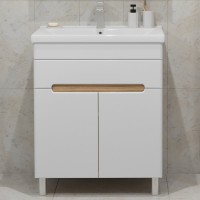 Тумба с раковиной SanStar Модена 70 напольная, глянцевая белая, дуб вотан, раковина Миранда 70