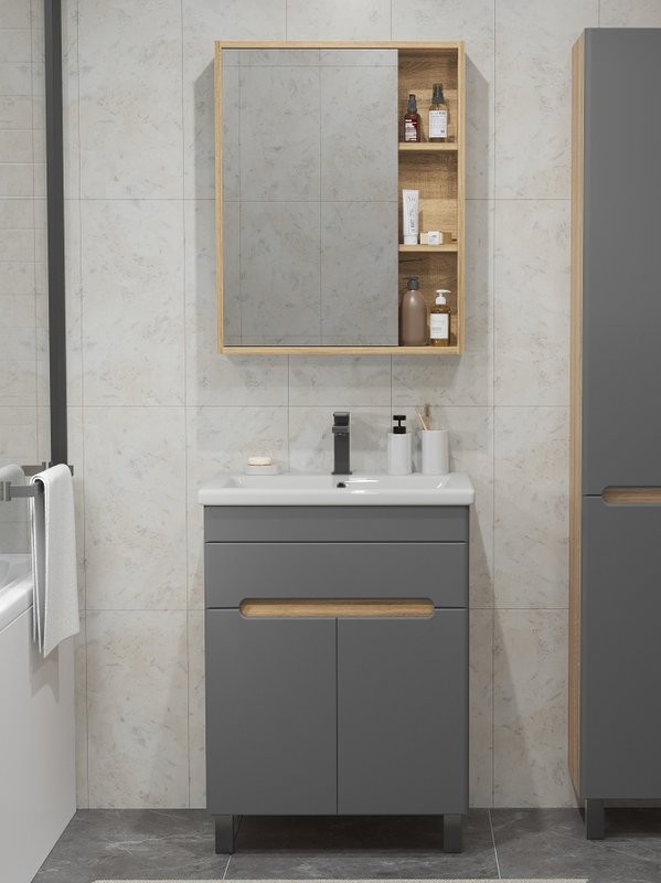 Мебель для ванной комнаты SanStar Модена 50 напольная, графит софт, дуб вотан, раковина Como 50
