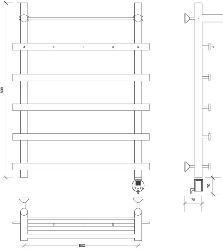 Полотенцесушитель электрический Secado Понтида 1 КСП, R 80x60 см, подключение справа, глянцевый хром, лесенка, с полкой