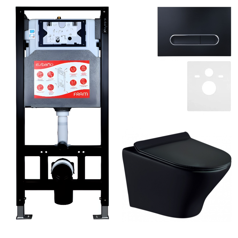 Комплект Унитаз подвесной Esbano Aster ESUPASTEBM матовый черный + Инсталляция Fram + Кнопка ESINOVL17MB