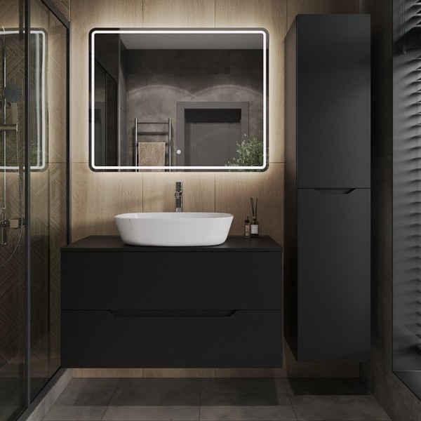 Мебель для ванной комнаты Orange Line 100 подвесная, 2 ящика, матовая черная с раковиной B08-500W