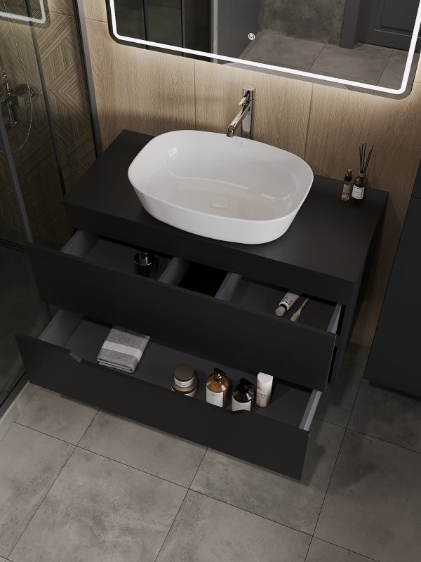 Мебель для ванной комнаты Orange Line 100 подвесная, 2 ящика, матовая черная с раковиной B08-500W