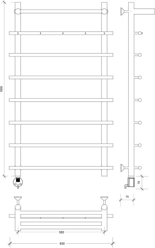 Полотенцесушитель электрический Secado Турин 1 КСП 100x55 см, подключение слева, матовый черный, лесенка, с полкой