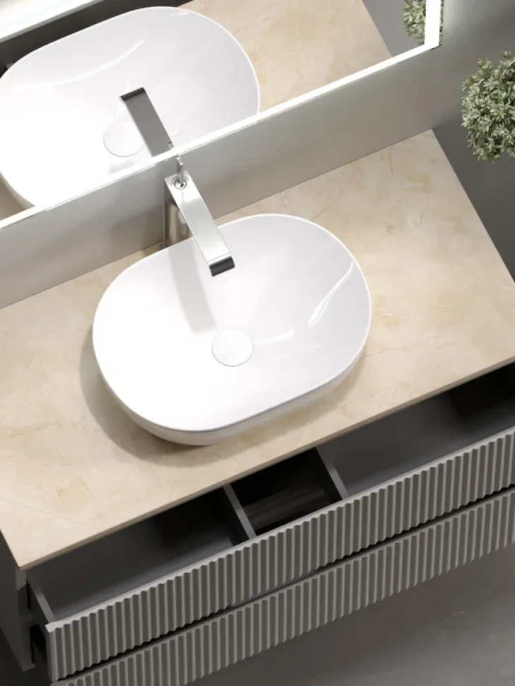 Тумба под раковину со столешницей Sancos Snob R 100 beige soft, столешница бежевая, с отв. под смеситель