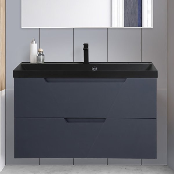 Тумба с раковиной BelBagno Vittoria 90 подвесная, grigio opaco, черная матовая раковина
