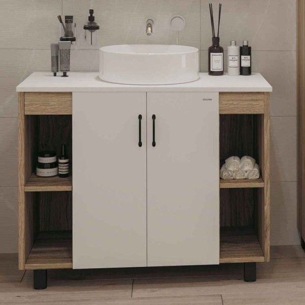Тумба с раковиной Grossman Флай 100 со столешницей, дуб сонома, белая